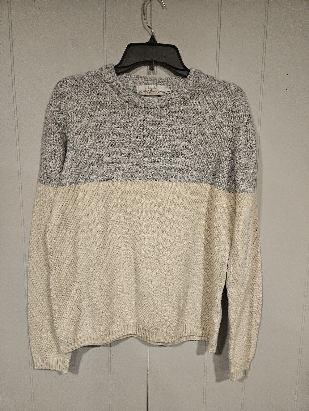 H&M LOGG Knit Sweater Mens Large Gray Ivory Pullover Crew Neck Casual Cotton